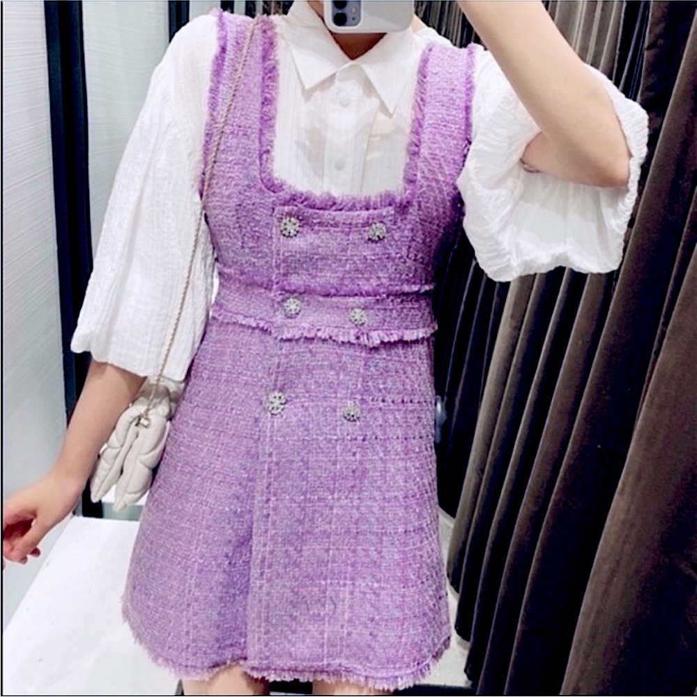 Zara Lavender Tweed Rhinestone Button Mini Dress